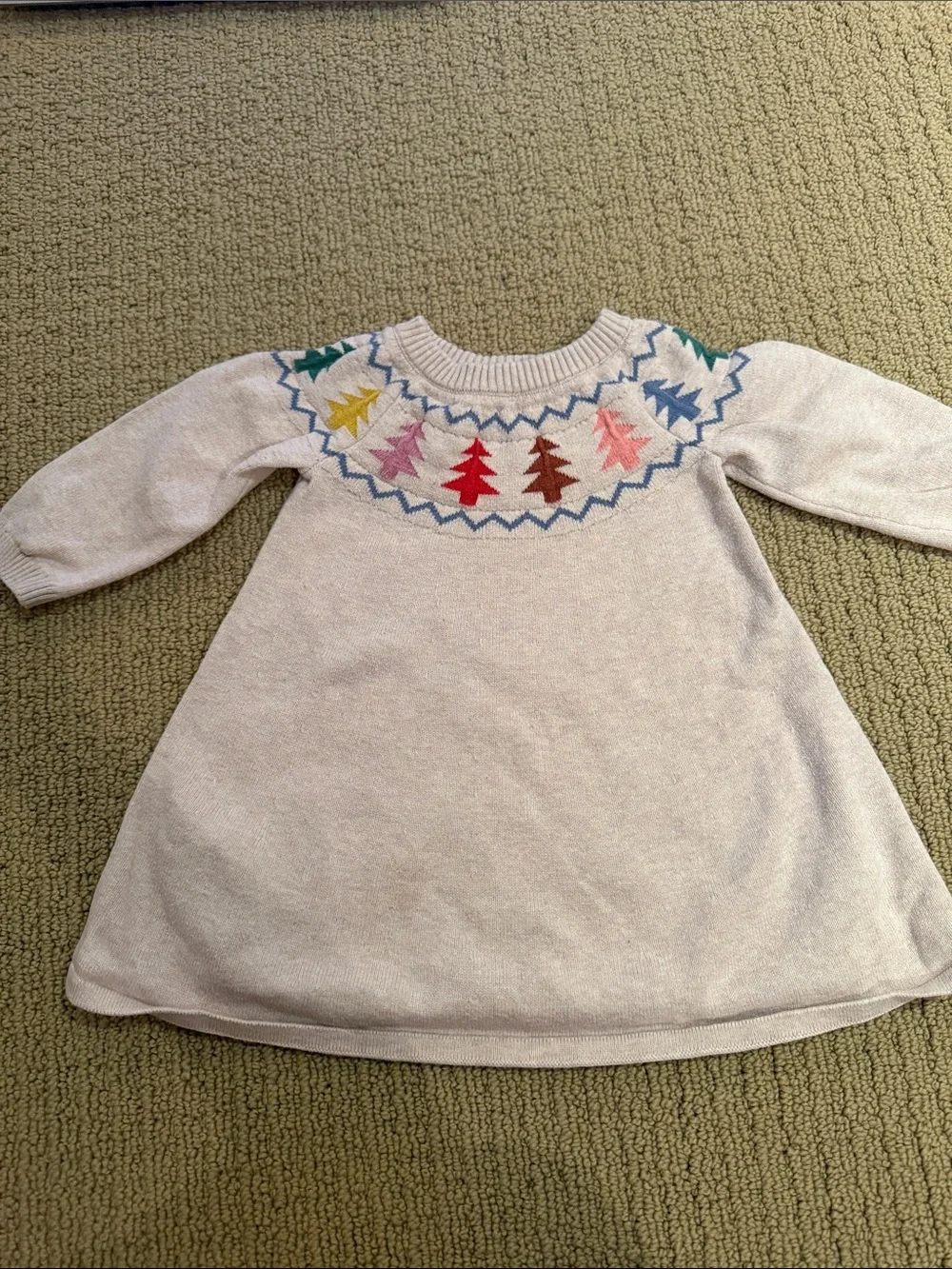 Hanna Andersson Cream Knit Dress with Multicolor Tree Yoke